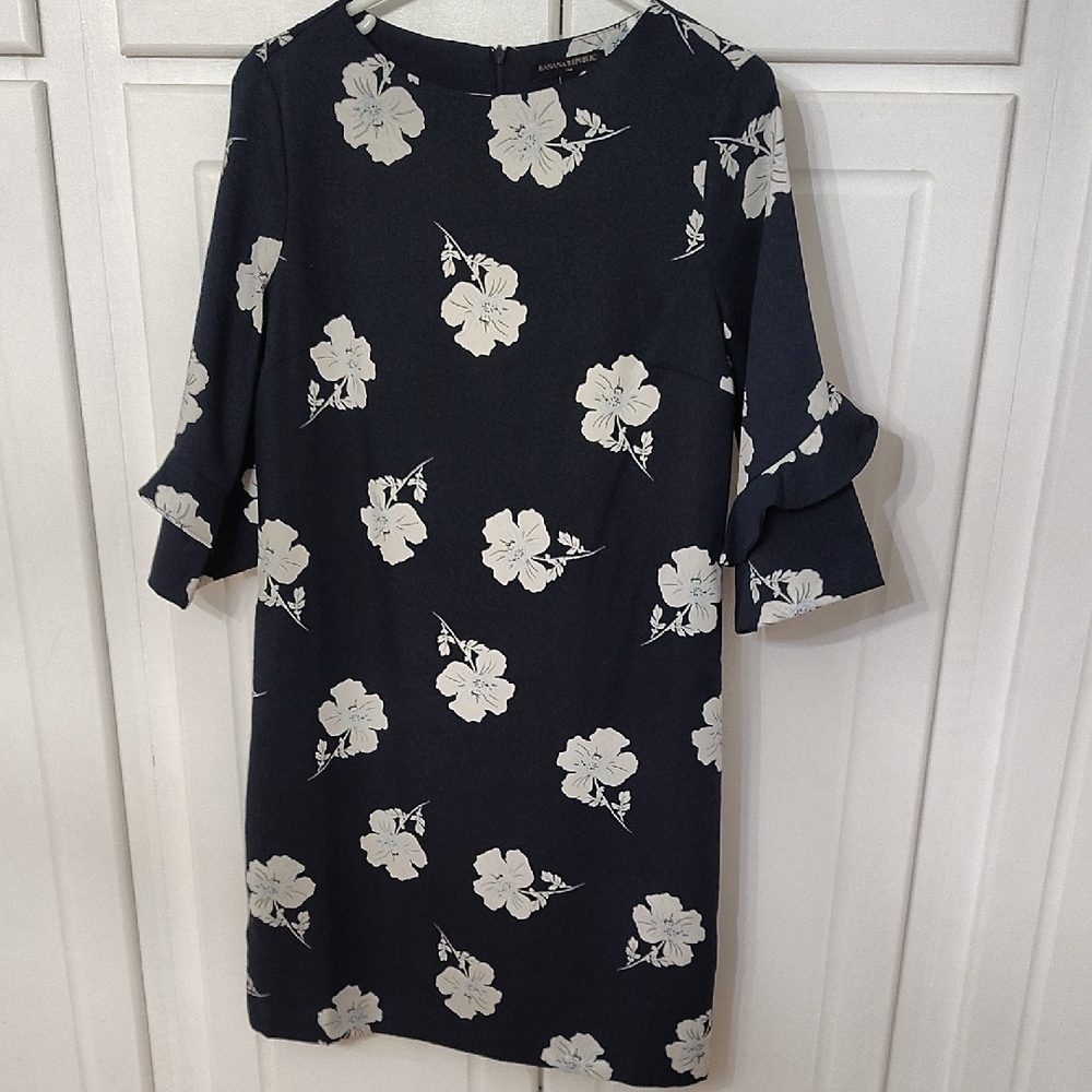 Banana Republic Blue and White Sheath Dress with Bell Sleeves